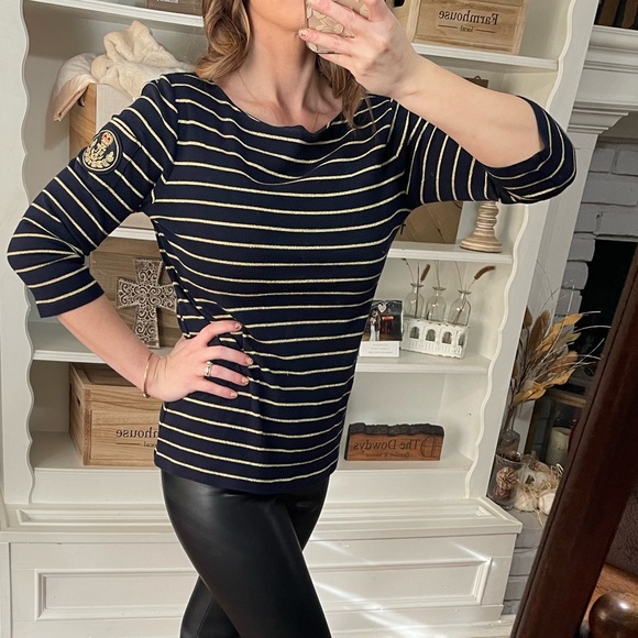 Lauren Ralph Lauren 3/4 Sleeves Navy and Gold Shirt - Picture 1 of 11